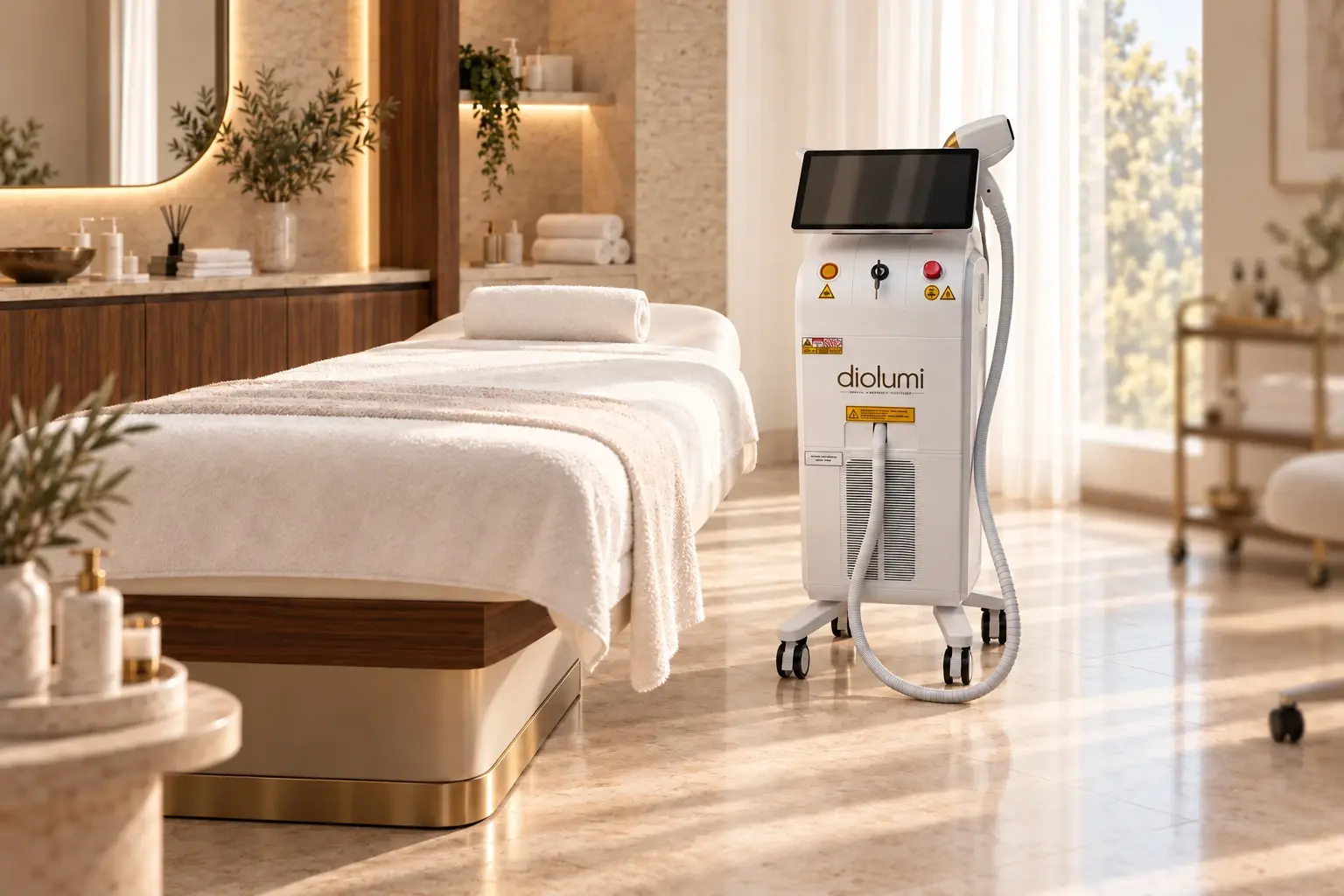 Appareil laser Diolumi dans une cabine de soins lumineuse, à côté d’une table de soin